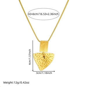 Golden stainless steel triangle necklace with hammered texture and measurement dimensions