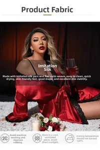 Detailed close-up of luxurious red satin bathrobe featuring elegant black lace trim details