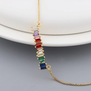 Colorful Zircon Tennis Necklace Gold Plated Copper Rainbow Choker Geometric Stone Jewelry For Women Trendy Vintage Style