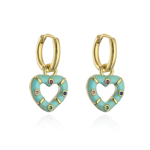Close-up of gold-plated heart earrings with light blue enamel and colorful zircon stones