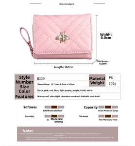 Pink PU leather wallet featuring a metal bee logo and diamond-quilted texture detail