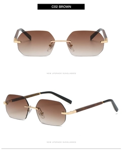 Detail of rimless octagonal sunglasses with brown gradient lenses and wood grain temples