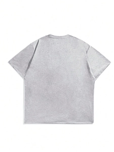 Flat lay back view of a grey short sleeve t-shirt featuring smooth cotton texture