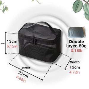 Size specifications of the double-layered black mesh toiletry bag for travel storage