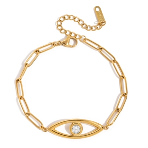 Classic 18K gold plated stainless steel paperclip chain bracelet with zircon evil eye
