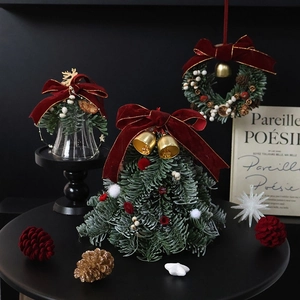 Mini Christmas Tree Desktop Ornament Retro Artificial Pine With Velvet Ribbon Metal Bells And Wooden Charms Holiday Decor