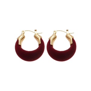 Retro burgundy velvet U-shaped hoop earrings with gold metal accents for women