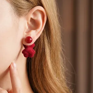Cute red velvet bear earrings with silver pins for a stylish and elegant women's jewelry look