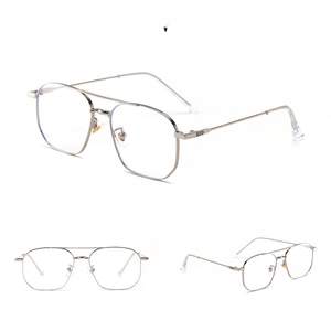 Detail of silver aviator eyeglasses with double bridge frame and clear lenses