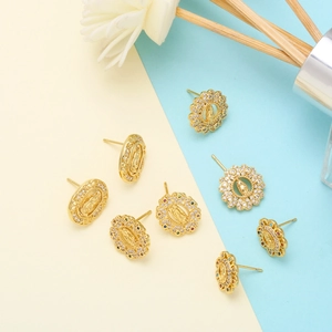 Detailed close-up of Virgin Mary earrings featuring colorful zircon and gold plating