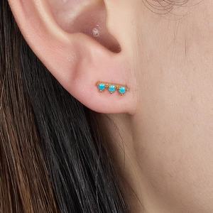 Elegant S925 silver stud earrings featuring three turquoise stones in gold setting
