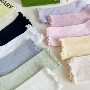 Pastel ruffled mesh socks in various colors with decorative knit patterns for women