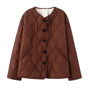 Women's brown quilted light jacket with classic onion stitch pattern and round neck