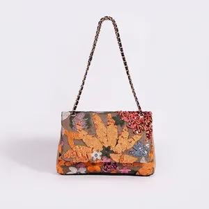 Sequin Embroidered Floral Shoulder Bag For Women Bohemian Cotton Linen Canvas Handbag With Metal Chain Strap Flap Cover