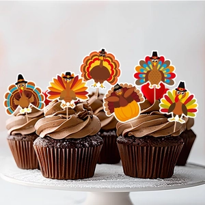 6-piece turkey cupcake toppers set on chocolate cakes for Thanksgiving party decoration