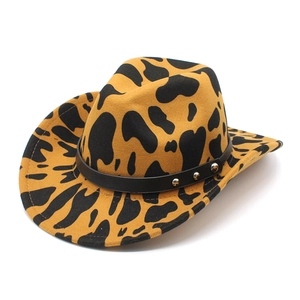 Classic leopard print western cowboy hat with black leather band and silver metal studs