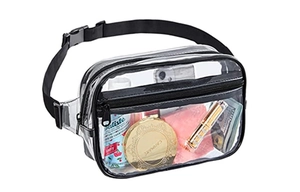 Detailed view of clear PVC waist bag with black strap showing interior storage space