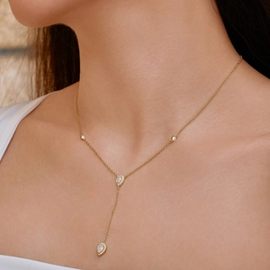 Exquisite S925 sterling silver gold Y-necklace with pear-shaped cubic zirconia pendants