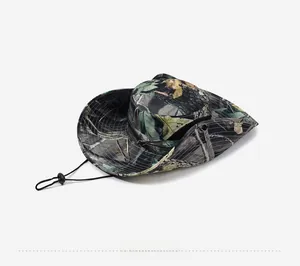 Detailed side view of jungle camouflage boonie hat with side snaps and adjustable chin cord