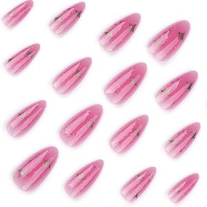 Unghie a mandorla sfumate rosa con paillettes a stella dorate e glitter luccicanti