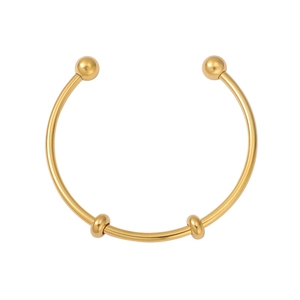 Detail of 18K gold-plated stainless steel C-shaped cuff bracelet with adjustable round beads