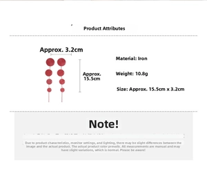 Detailed size chart showing long red fringe earrings with circular metal discs