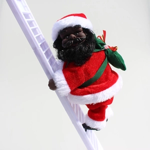 Detail of Black Santa Claus in red velvet suit climbing a white ladder decoration