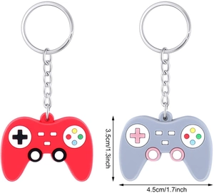 Detailed view of red and grey silicone game controller keychains with size dimensions