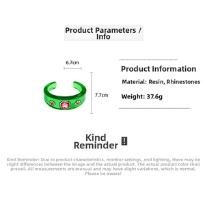 Detailed dimensions of green resin open bracelet with pink rhinestones weighing 37.6g