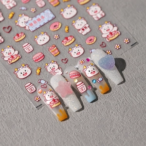Sweet Bear cartoon nail art stickers with 3D resin charms on gray textured background