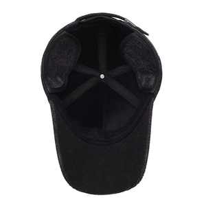 Winter men's baseball cap with earflaps, thick fleece lining, and adjustable strap in black