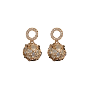 French vintage style golden lattice mesh ball earrings with faux pearls and crystals