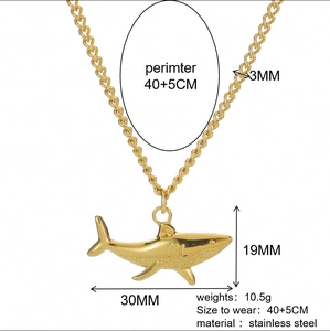 Detailed size specifications for 18k gold plated stainless steel shark pendant necklace