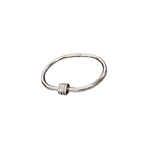 Sleek silver titanium steel bangle featuring a sparkling pave crystal cylinder centerpiece