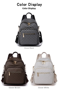 Three stylish backpacks in black, brown, and white with clover pattern and gold zippers