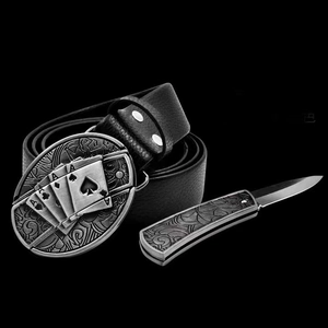 Black leather belt featuring a tiger head embossed buckle with integrated folding knife
