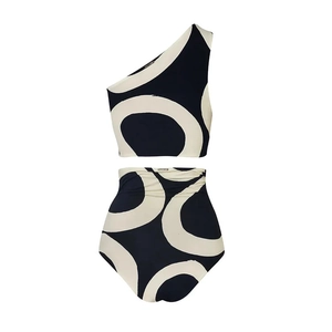 Detail of one-shoulder bikini top and high-waist bottom with abstract ring print