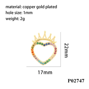 Rainbow cubic zirconia heart crown pendant in gold-plated copper, weight 2g, 22x17mm