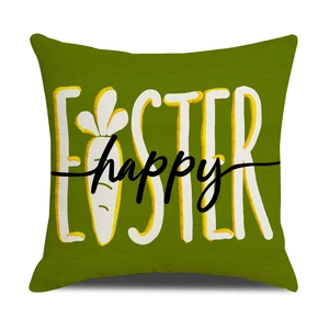 Green Easter pillow cover with happy carrot design for festive sofa decoration