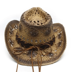 Handwoven straw cowboy hat for men with dark brown band and hollow mesh weave design