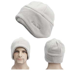 Macro shot of Yanlongm brand embroidery on thick polar fleece winter beanie cap