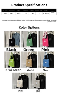 Detailed size chart for retro tote bag with weight and various color options available