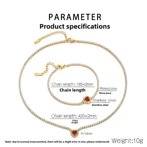 Detailed specs of gold stainless steel jewelry set with red heart zircon pendants
