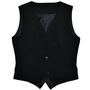 Détail du gilet noir à col en V avec trois boutons et une coupe d'ourlet classique