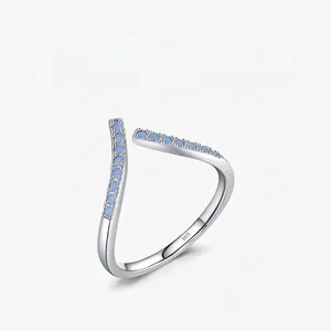 925 Sterling Silver Ring For Women Minimalist V-Shaped Adjustable Open Blue Zirconia Micro-Inset Wave Korean Style