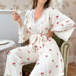 Cherry Print Pajama Cami Top Pants And Robe Ribbed Knit Lace Trim Sweet French Style Homewear For Women