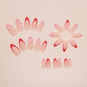 French almond press on nails with red polka dots and white lace trim, 24 piece set
