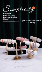 Double-layer T-bar bamboo jewelry stand with multi-colored velvet and linen display bars