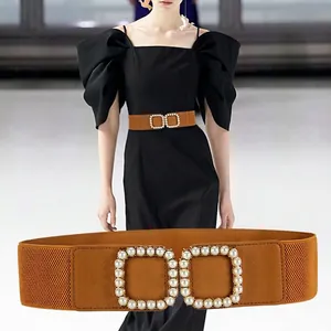Elastic tan waist belt for women with elegant gold square pearl buckle for dresses