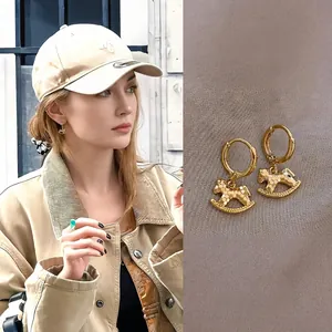 Vintage Chinese Style Rocking Horse Pendant Earrings With Silver Earring Post And Zircon Copper Jewelry For Women